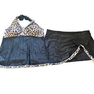 NWOT KeaSuzy Women's Two Piece Swimsuit Tankini Skirted Black/Print Size 3XL
